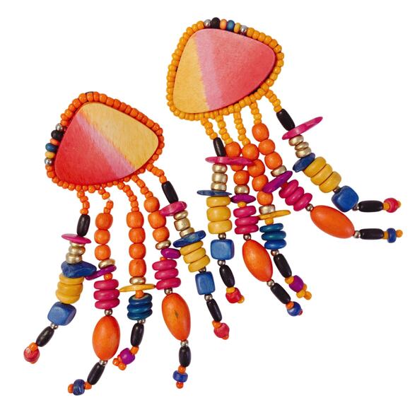 VTG Earrings Painted Wood Bead Boho Clip On Boho Tropical Chunky Eclectic 80s - Picture 1 of 12